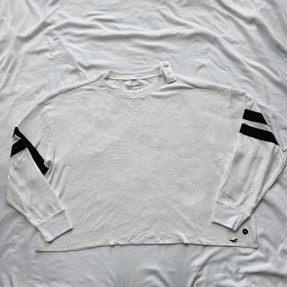 Hollister White Waffle Knit Long Sleeve Top Black Sleeve Stripes XL NWT